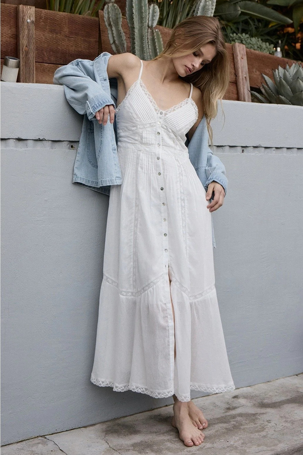 Lace Trim Button Down Maxi Dress White