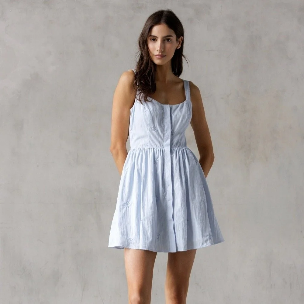 Tiny Bow Embroidered Mini Dress Baby Blue