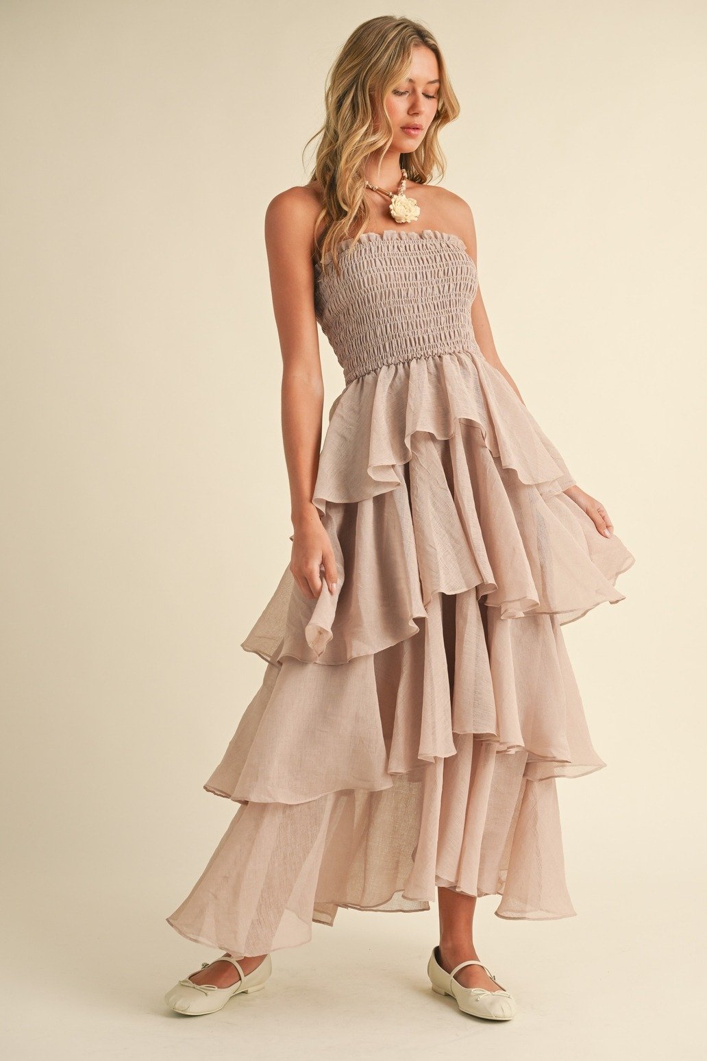 Smocked Tiered Ruffle Maxi Dress Taupe