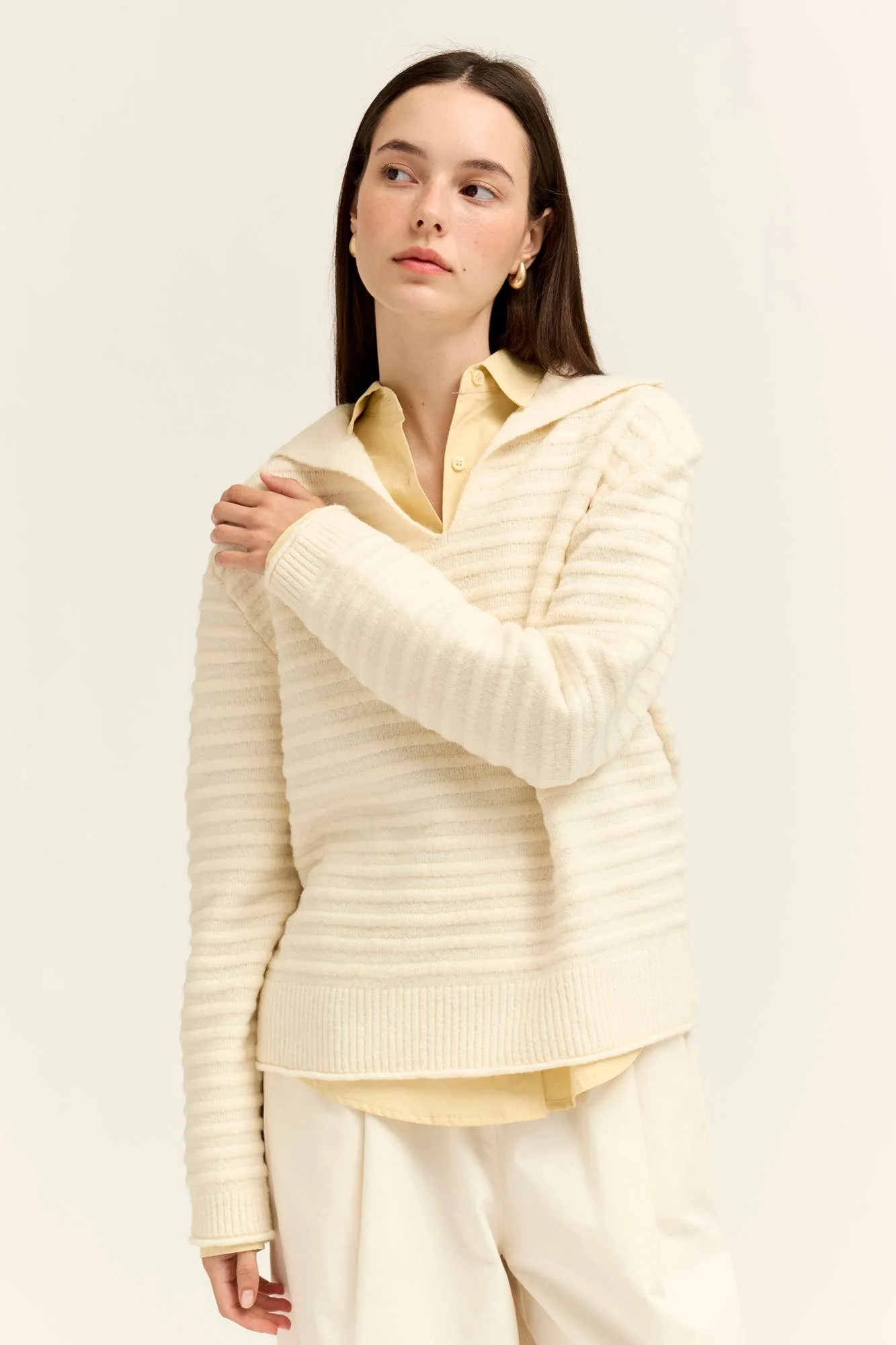 Sailor Collar Textured Knit Pullover Ivory