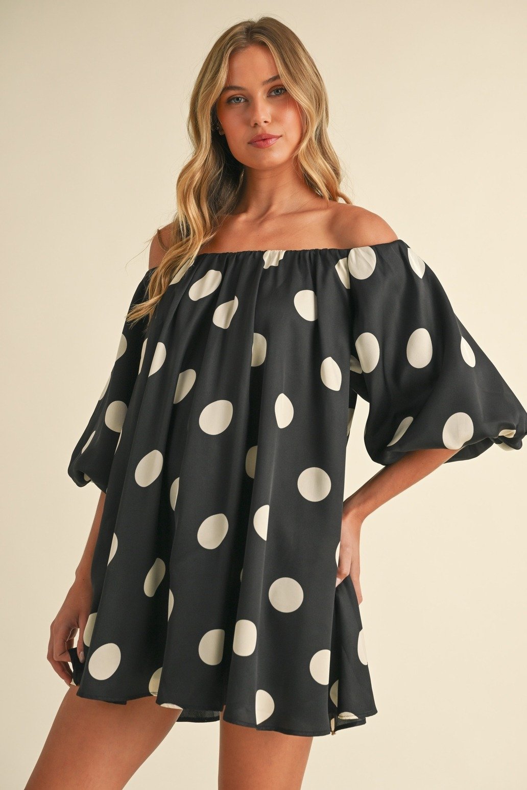 Polka Dot Balloon Sleeve Off-Shoulder Mini Dress Black & Cream