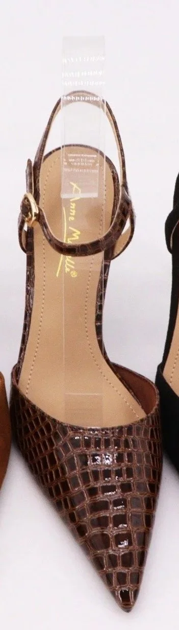Pointed Toe Ankle Strap Pumps Brown Faux Crocodile