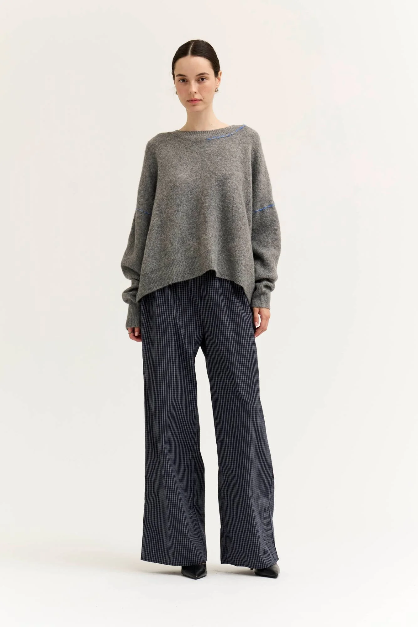 Thread Detail Boxy Sweater Gray with Cobalt