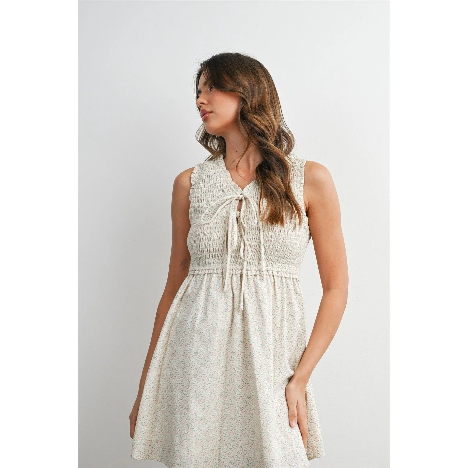 Smocked Tie Front Mini Dress Blush Floral