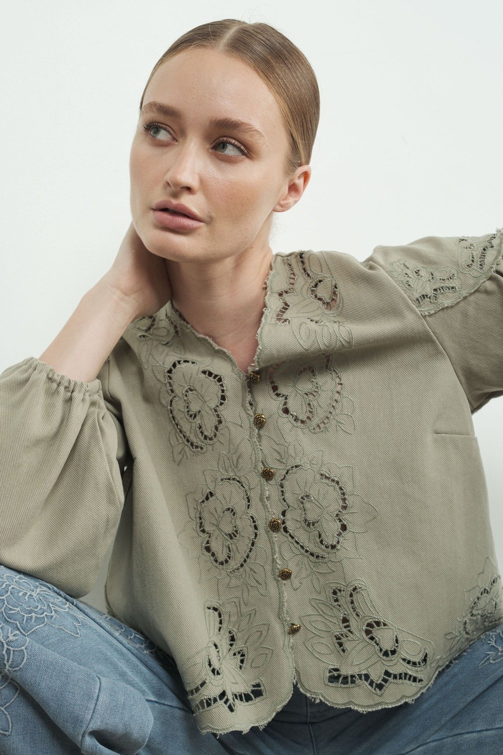 Embroidered Flower V-neck Button Blouse Olive