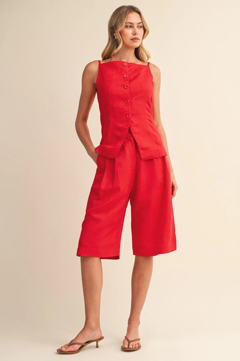 Linen Button Vest & Culotte Shorts Set Red
