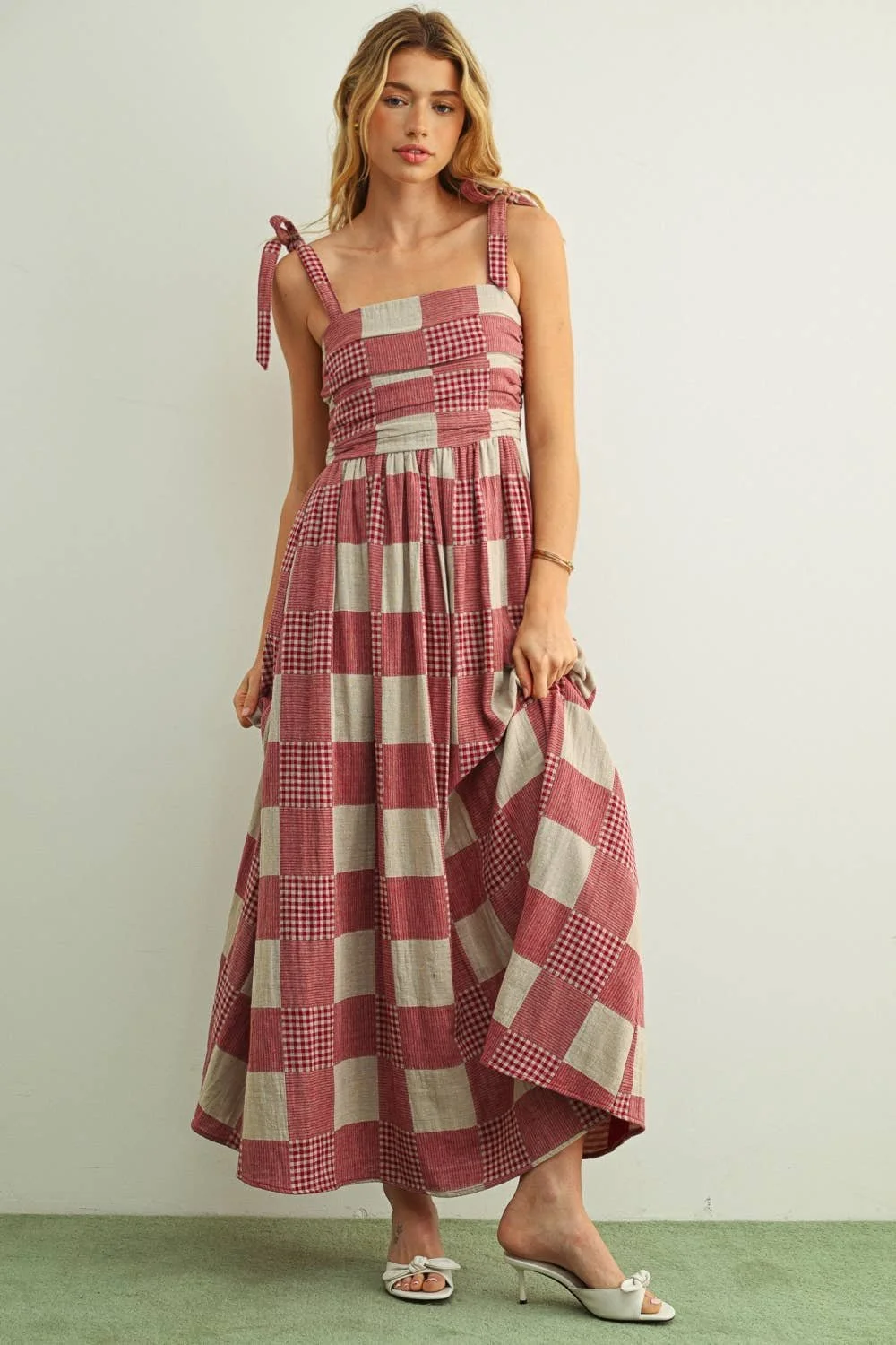 Gingham & Stripe Patchwork Dress Red