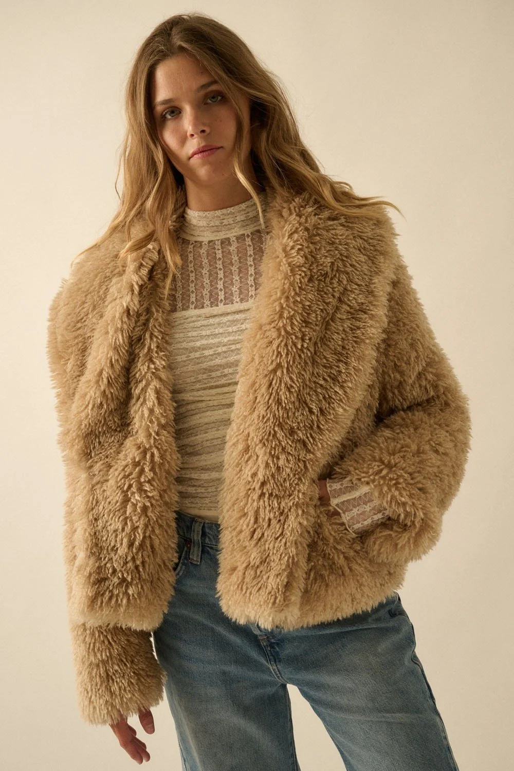 Faux Fur Shawl Collar Jacket Sand