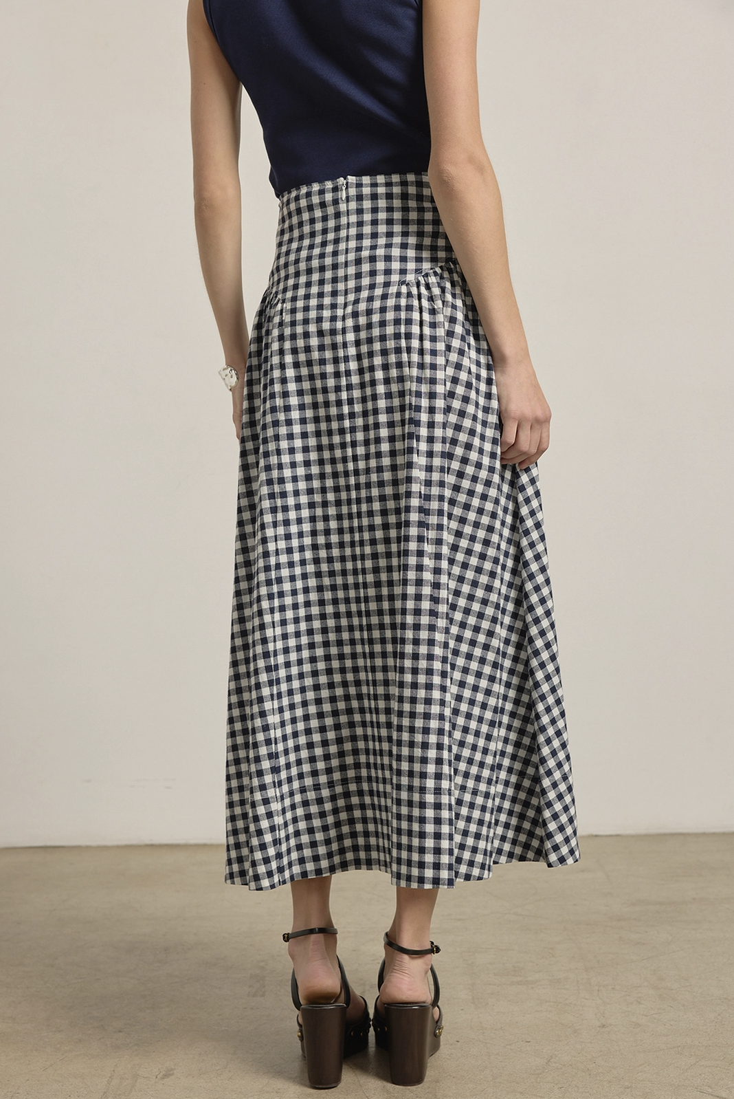 Hip Pleat Midi Skirt Navy Gingham