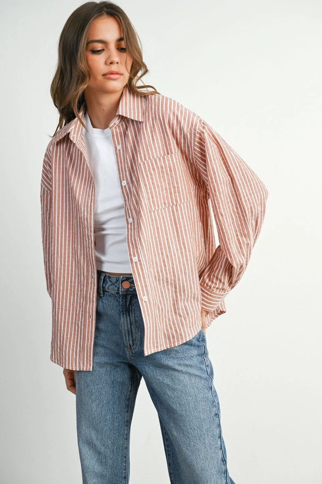 Collared Button Up Top Brick Stripe