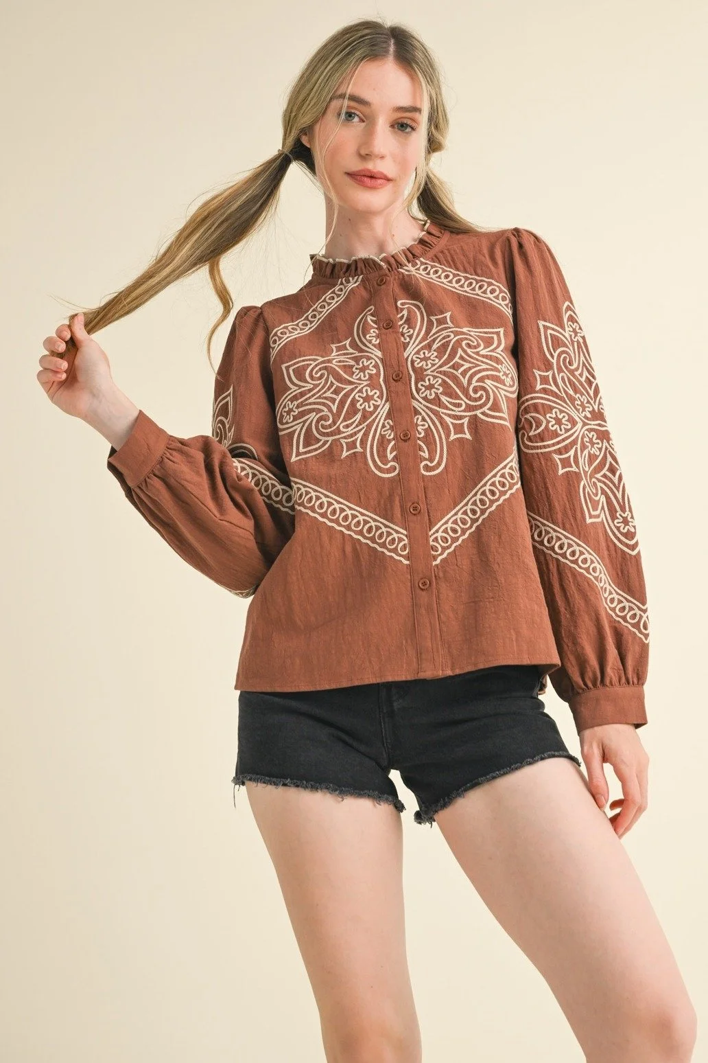 Western Embroidered Puff Sleeve Button Blouse Rust