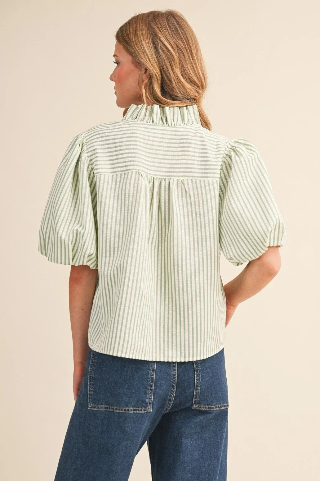 Ruffle Collar Button Front Blouse Mint Seersucker