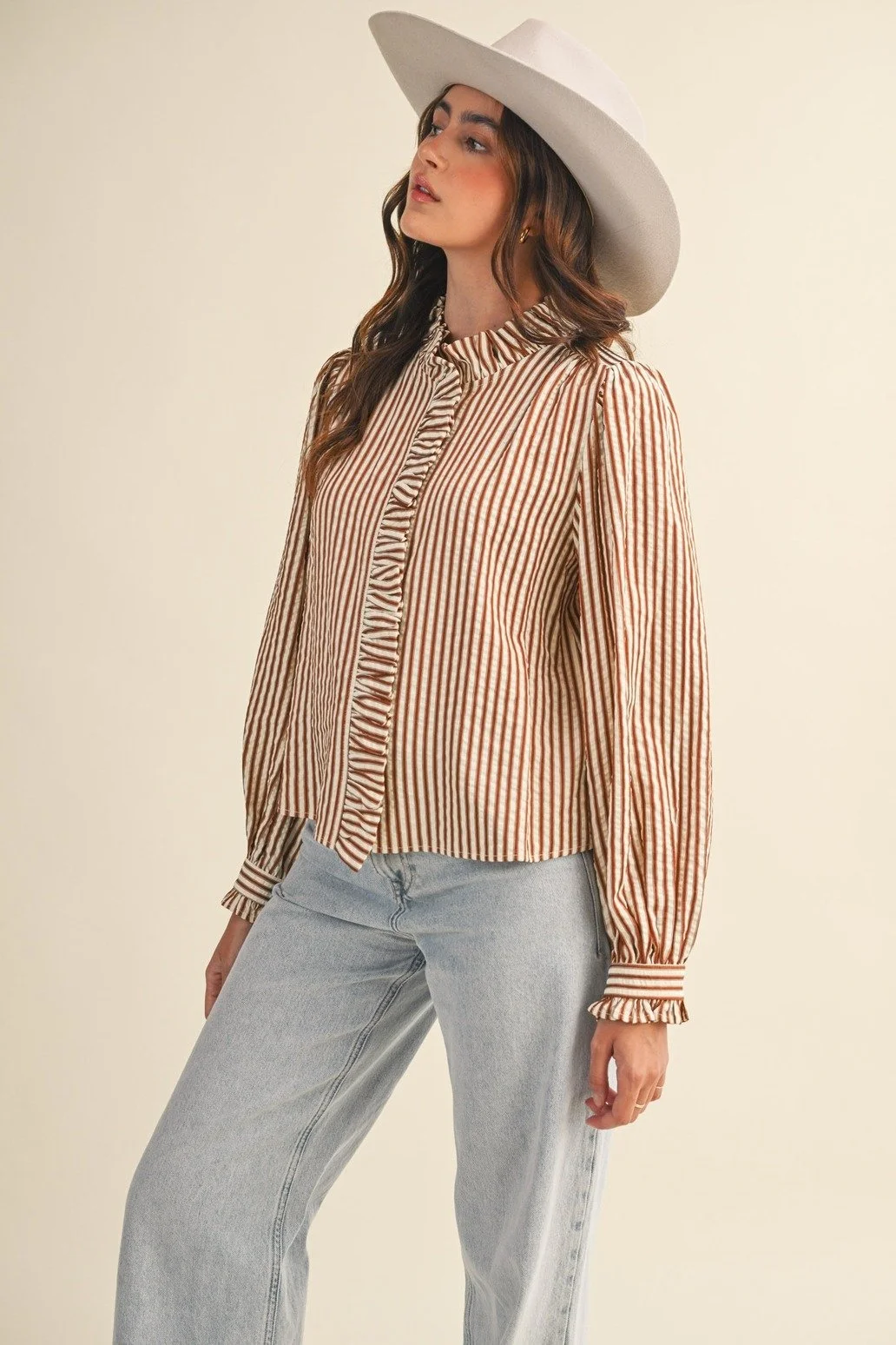Ruffle Collar Button Front Blouse Pecan Ticking Stripe