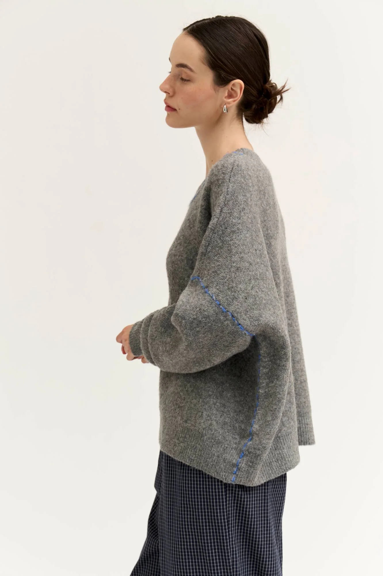 Thread Detail Boxy Sweater Gray with Cobalt