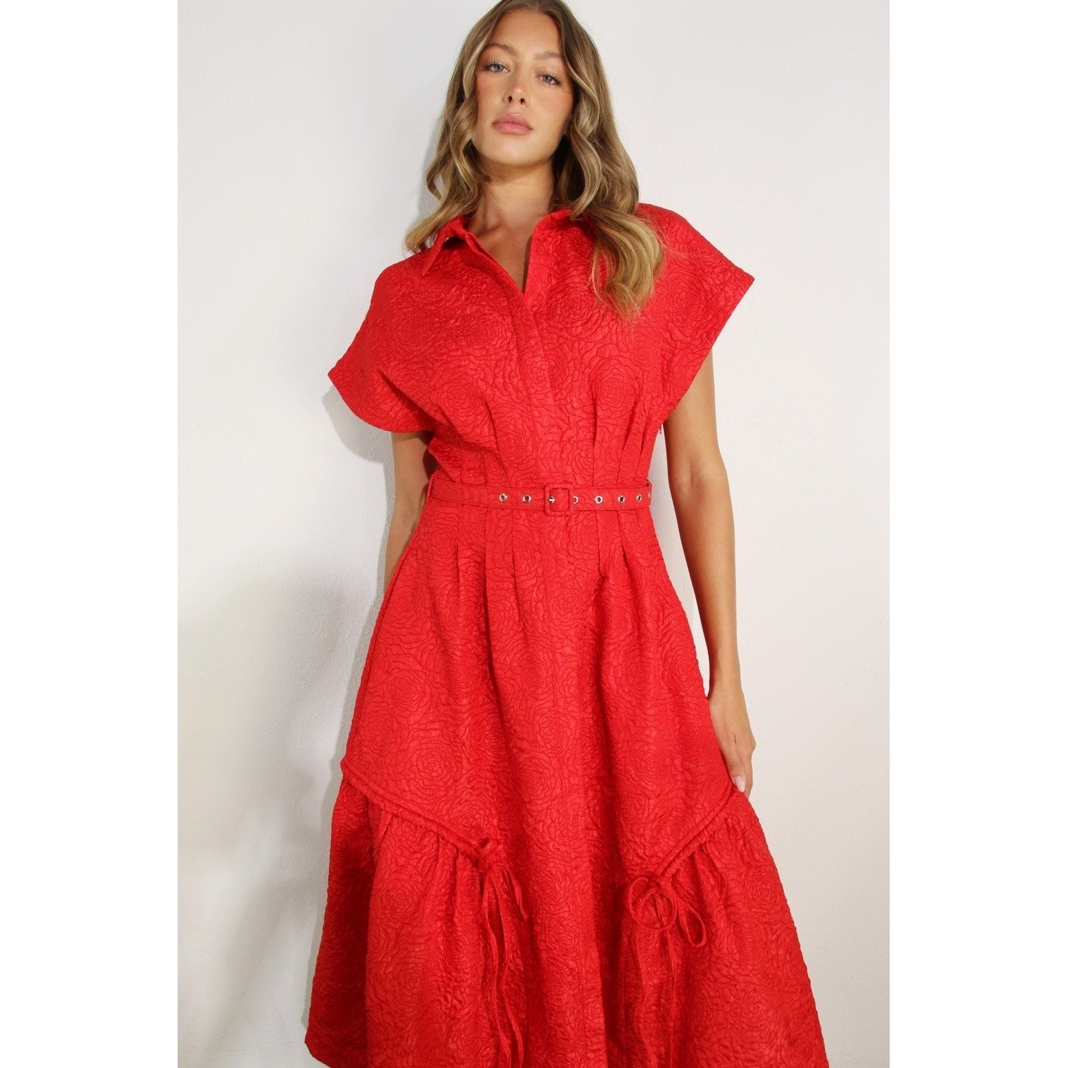 Floral Embossed Button Dress Red