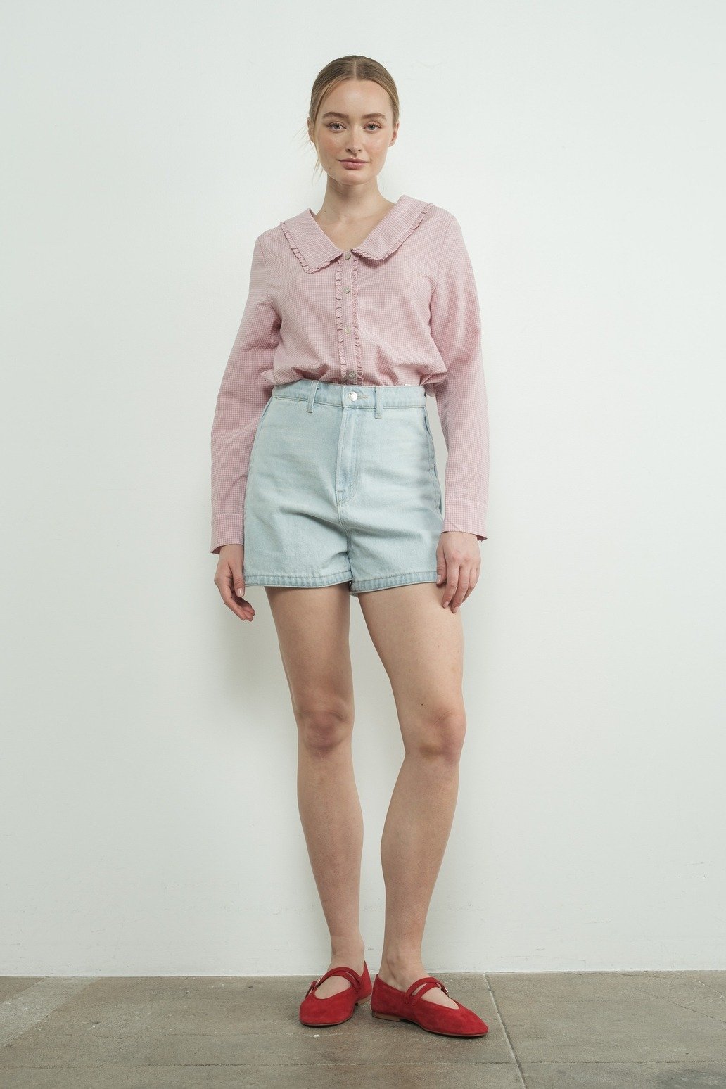 Ruffled Collar Button Down Top Pink Check