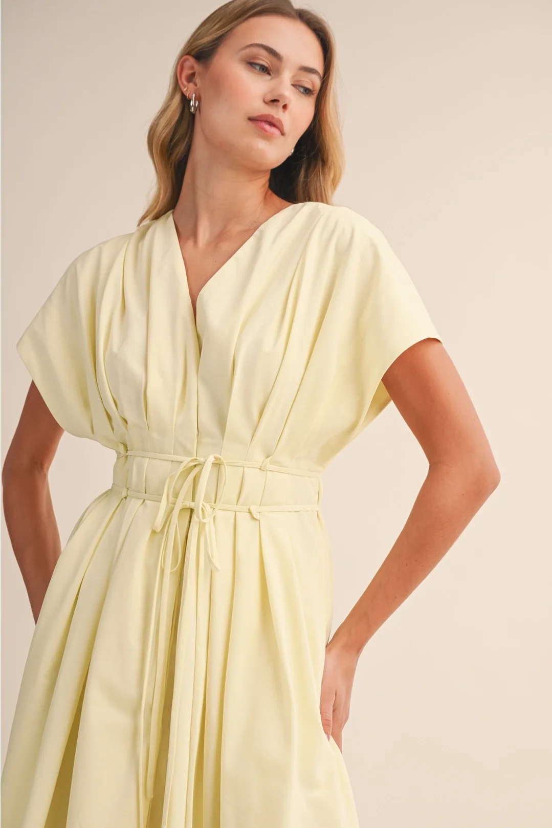 V-neck Pleated Button Down Midi Dress Butter