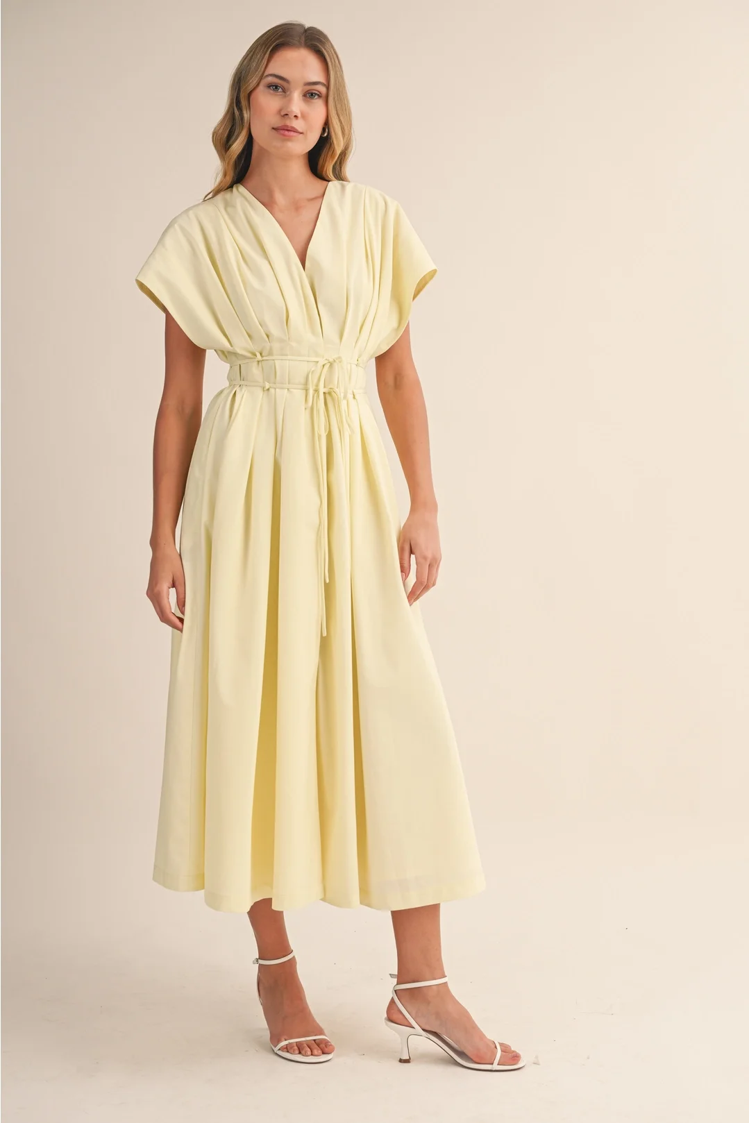 V-neck Pleated Button Down Midi Dress Butter