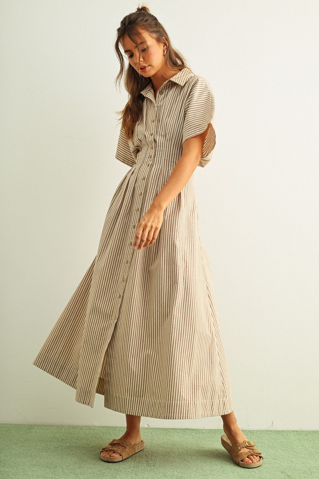 Pleated Button Down Shirt Dress Brown Stripe