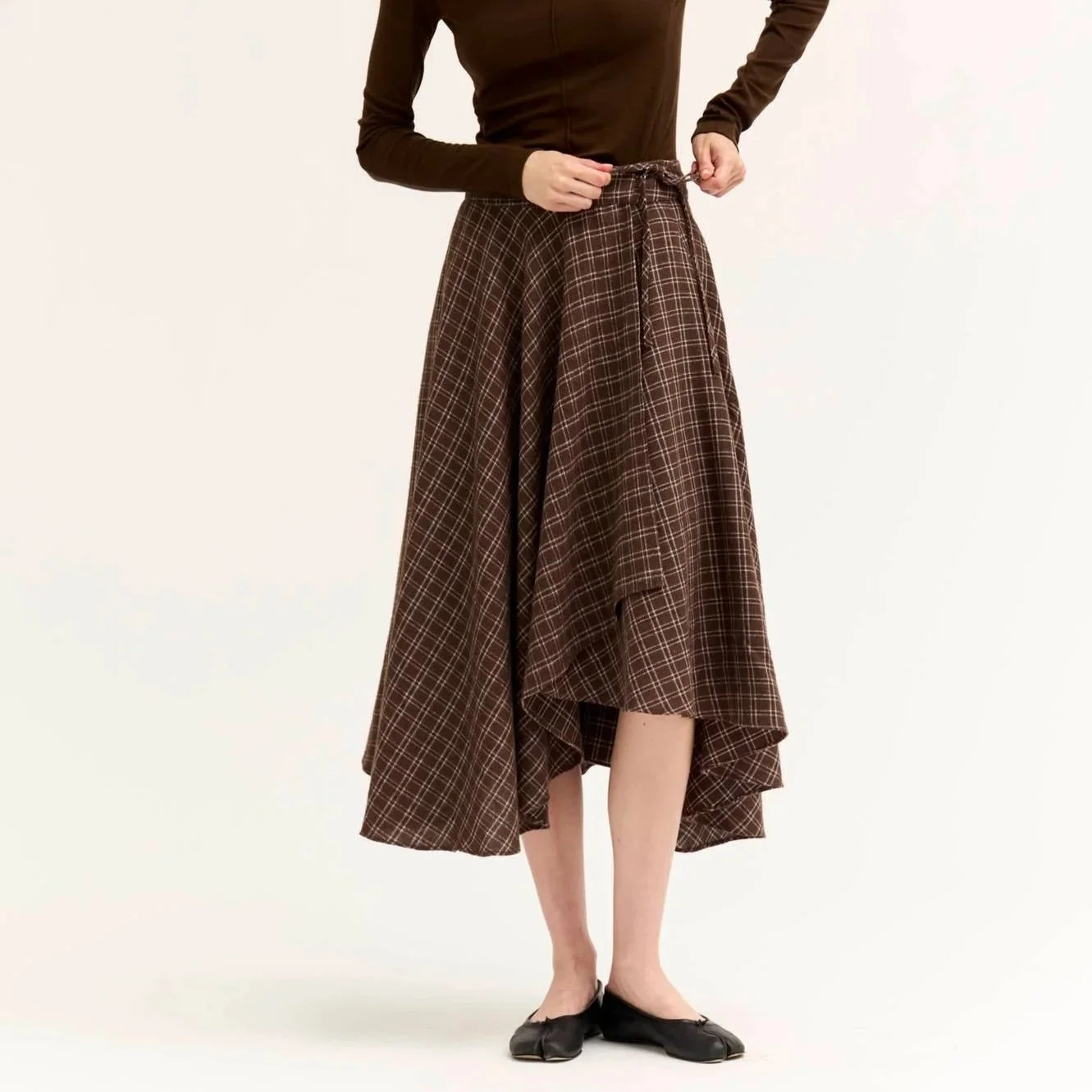 Unbalanced Flannel Wrap Skirt Chocolate Plaid