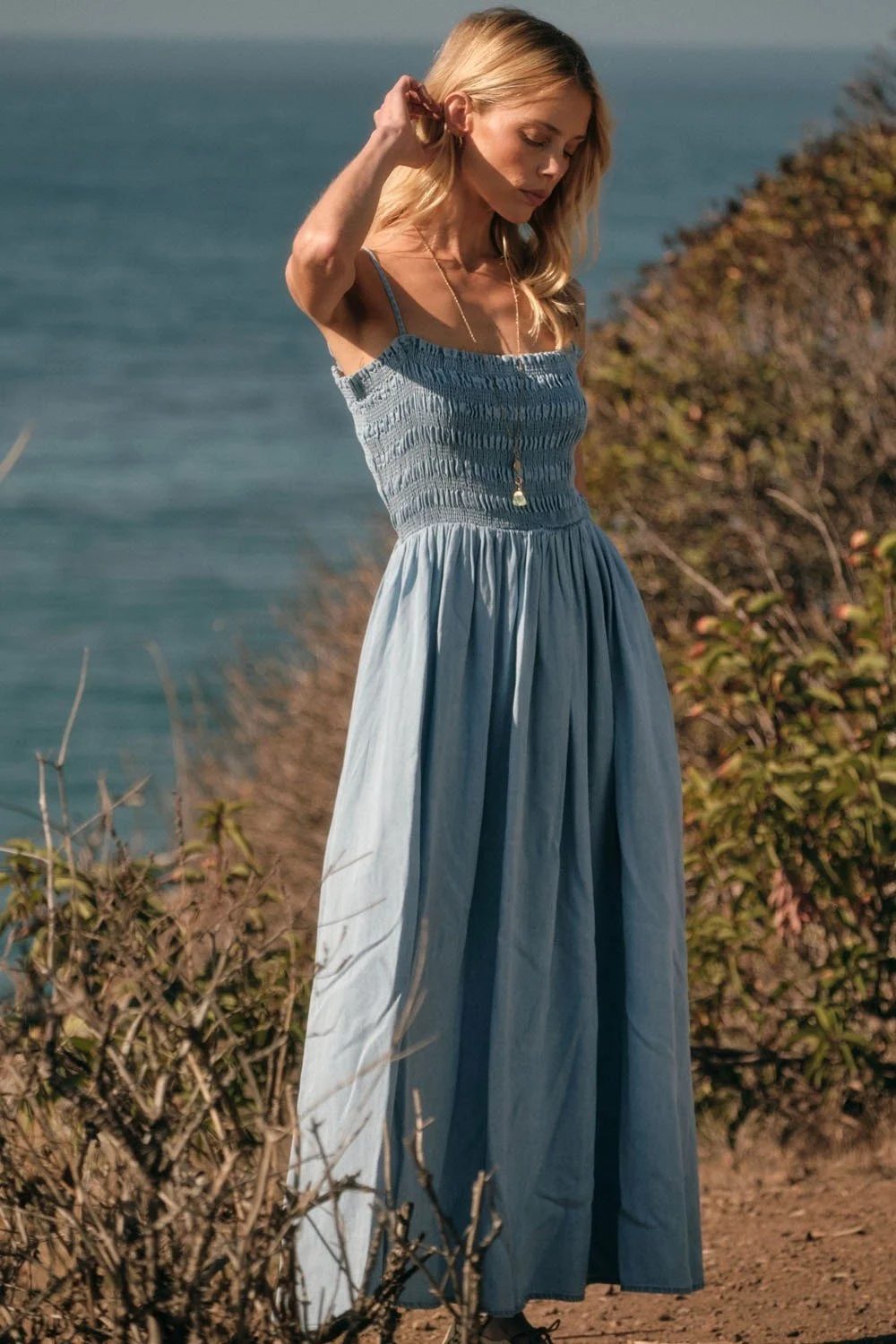 Smocked Midi Sundress Light Chambray