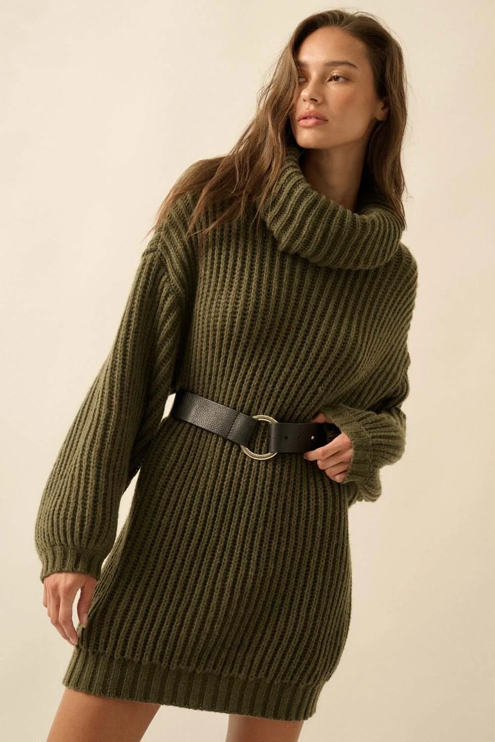 Oversized Ribbed Turtleneck Sweater Olive