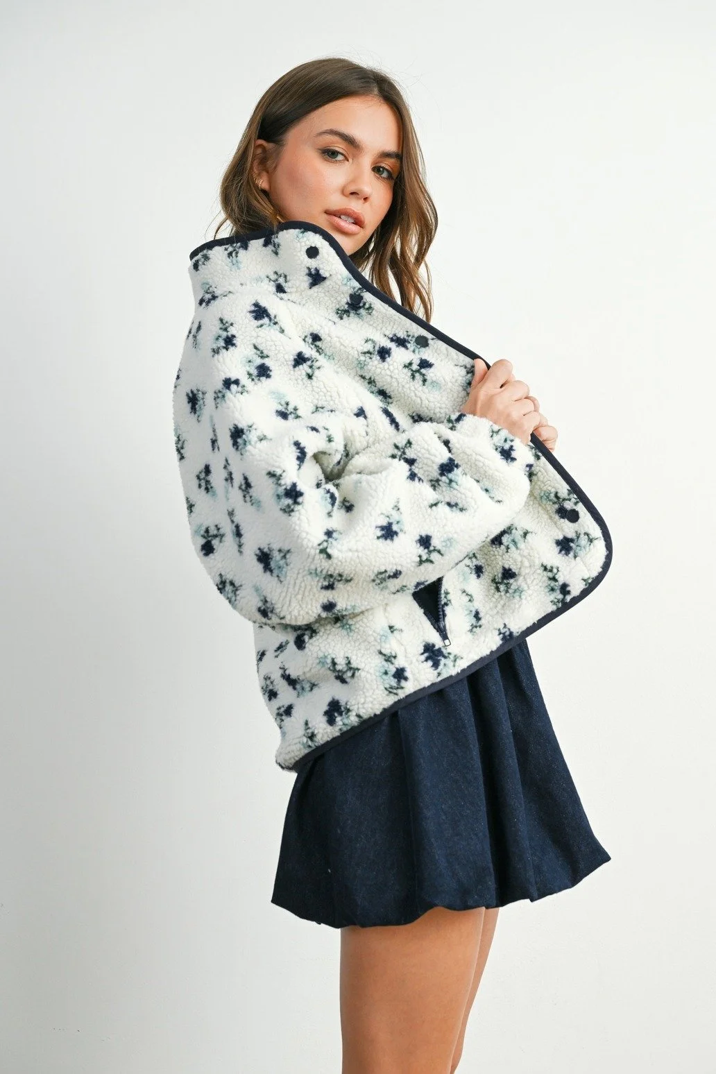 Floral Fleece Snap Button Jacket Ivory & Navy
