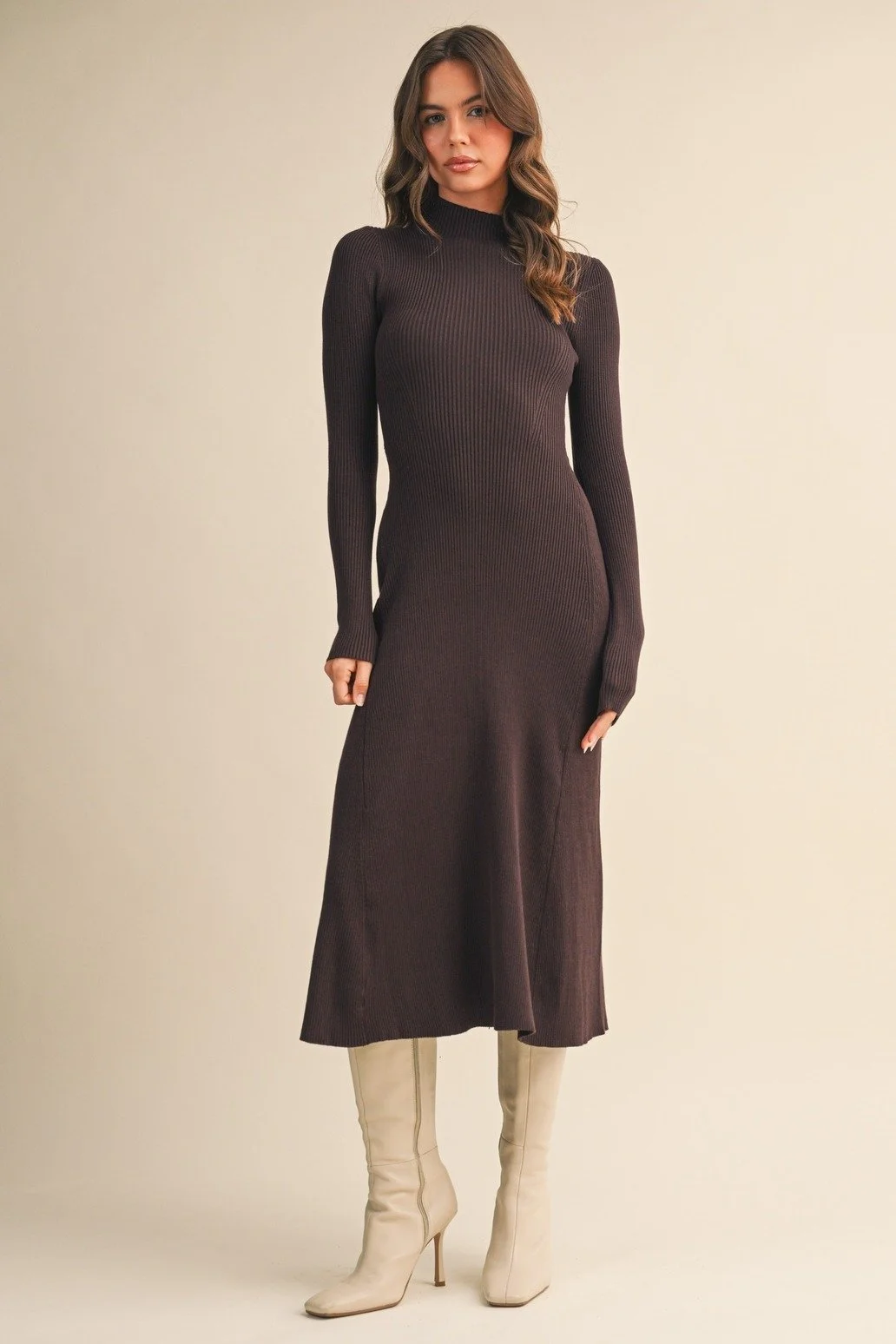 Mock Neck Ribbed Midi Dress Dark Chocolate