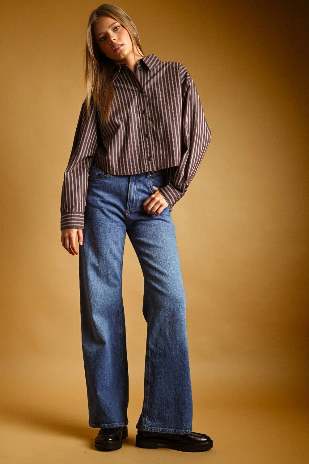 Striped Cropped Poplin Button Down Chocolate