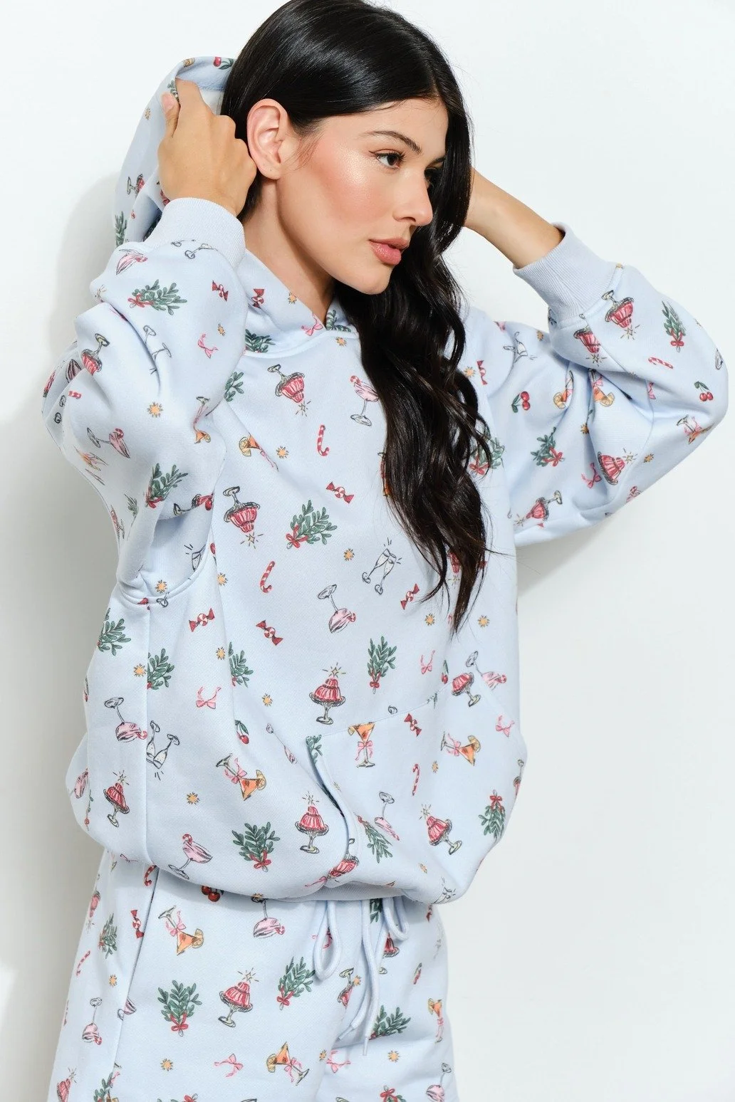 Retro Christmas Print Hoodie Baby Blue