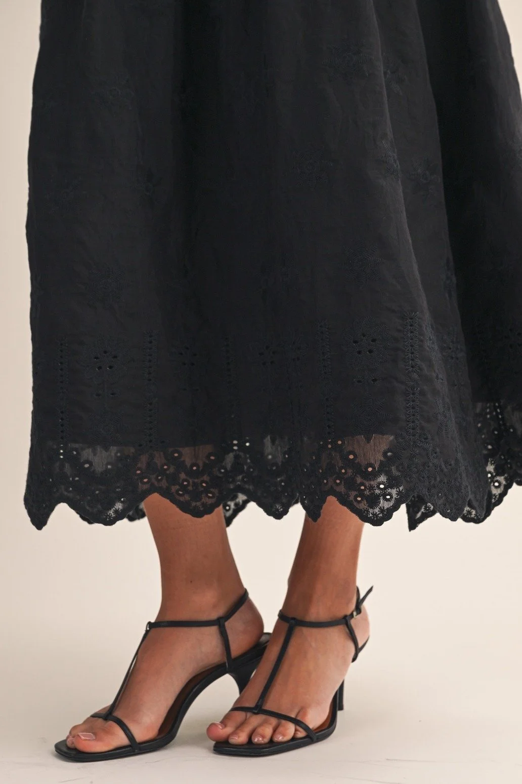 Embroidered Eyelet Blouse & Midi Skirt Set Black