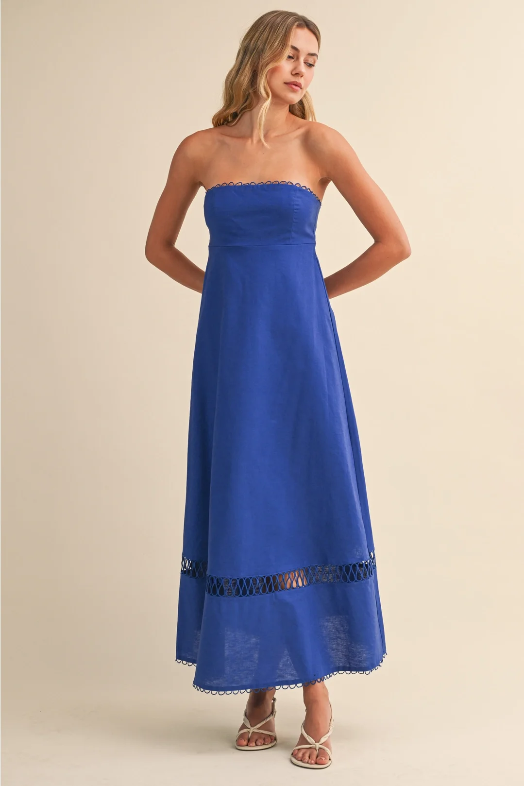 Rope Detail Strapless Linen Midi Dress Royal