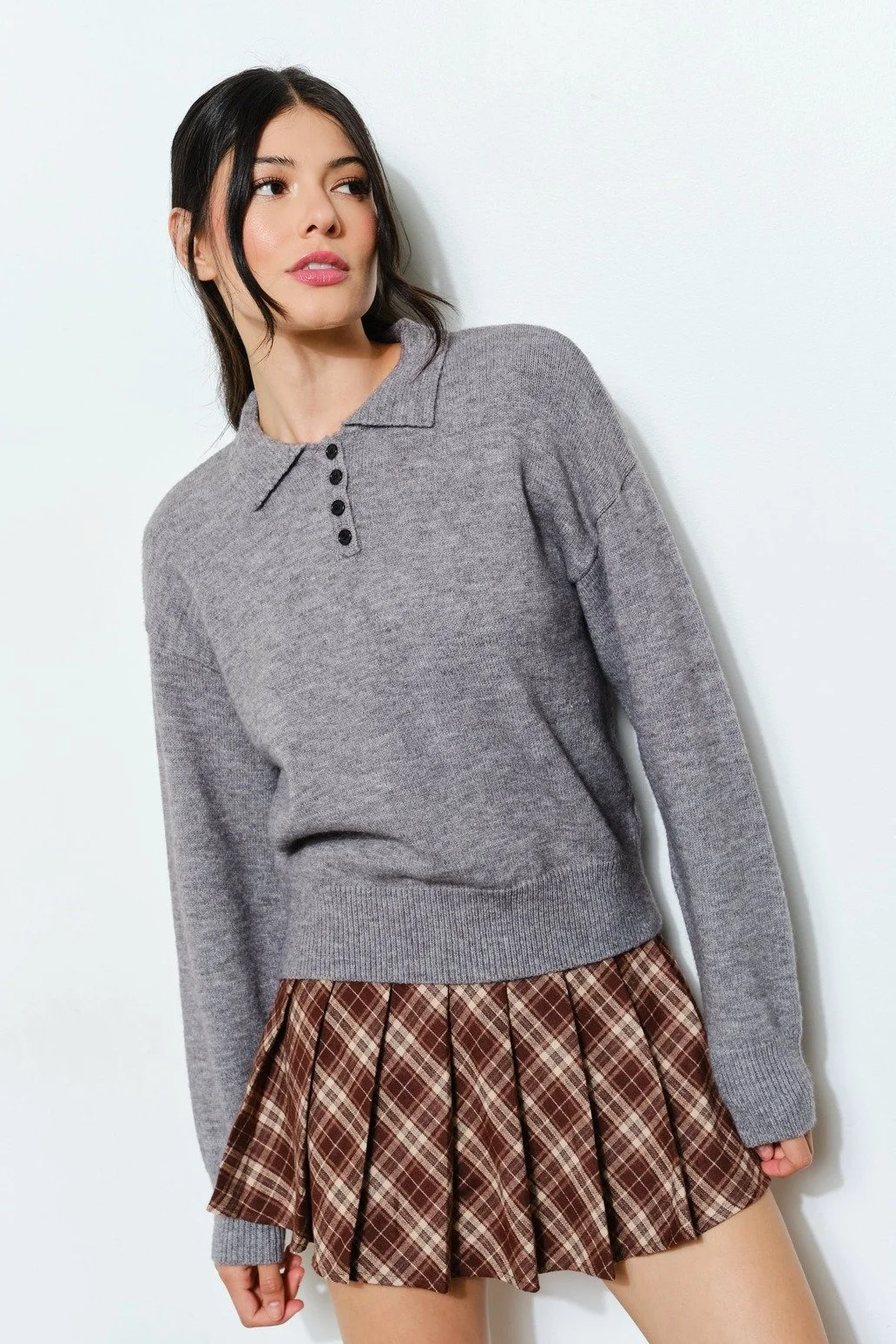 Knit Polo Sweater Heather Grey