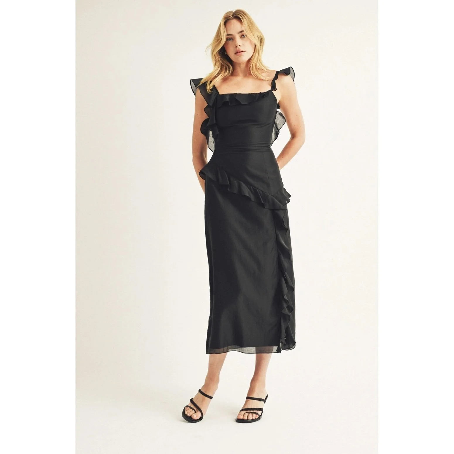 Ruffled Front Slit Midi Dress Black