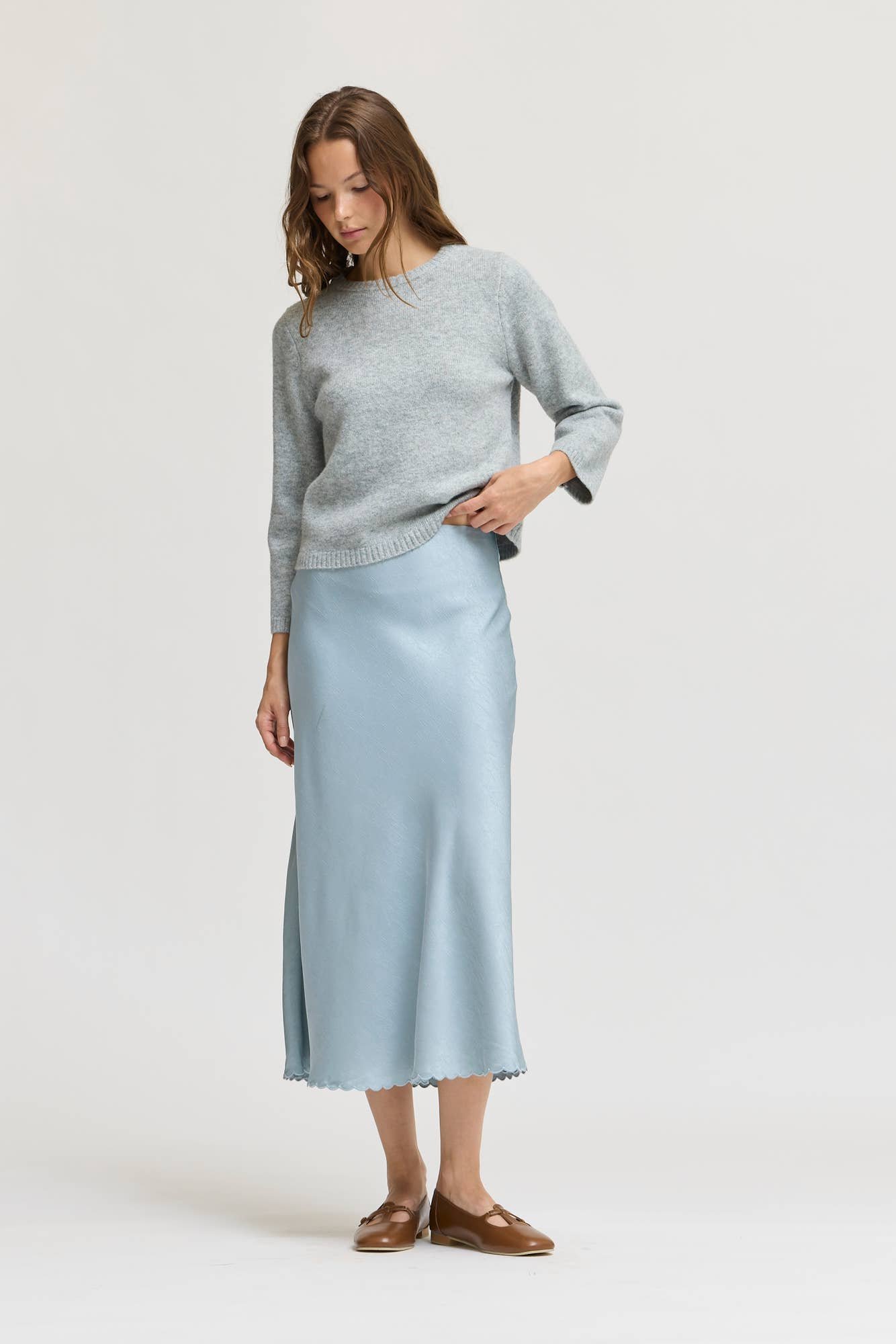 Scallop Hem Bias Slip Skirt Dusty Blue
