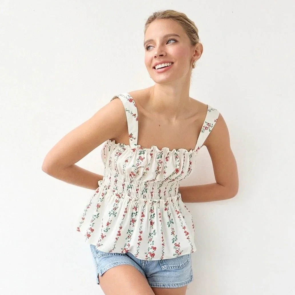 Garden Rose Smocked Tank Red