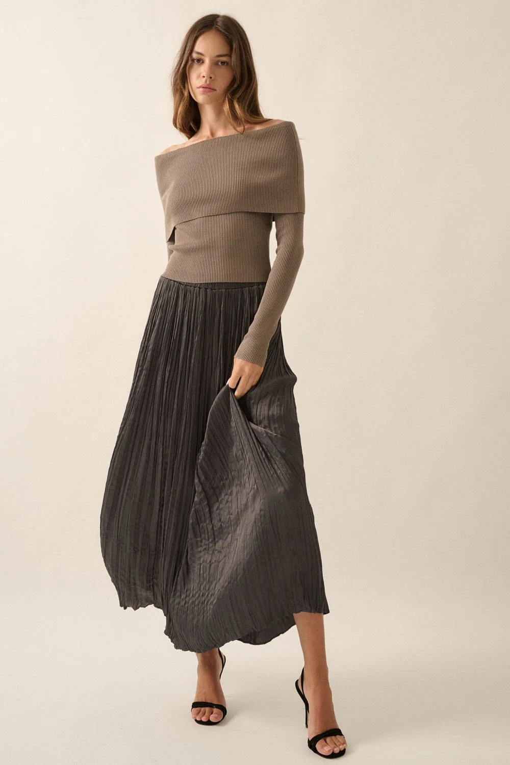 Crinkle Satin Pleated Maxi Skirt Charcoal — Byron Barclay - Main Image