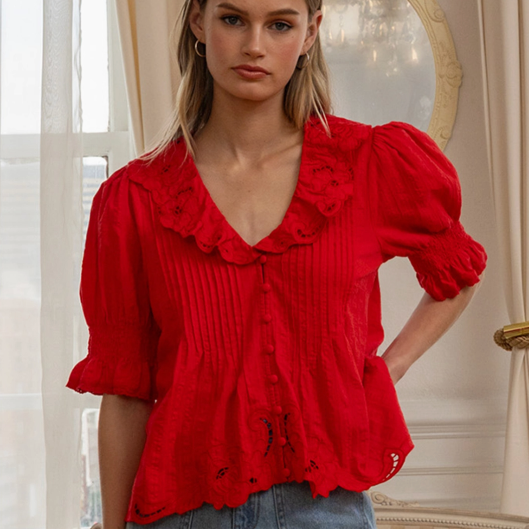 Embroidered Ruffle Collar Blouse Red