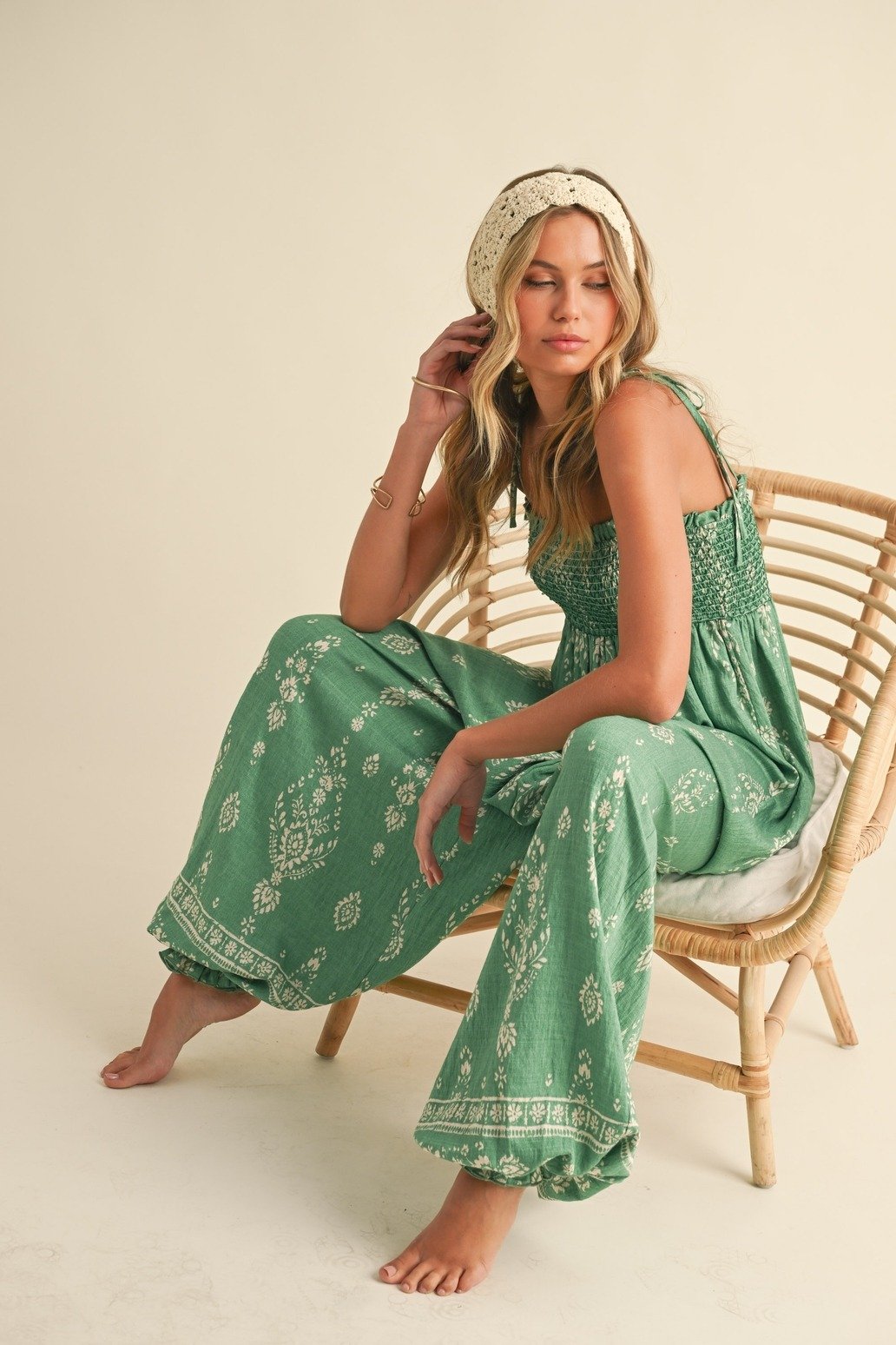 Smocked Bandana Print Balloon Jumpsuit Green
