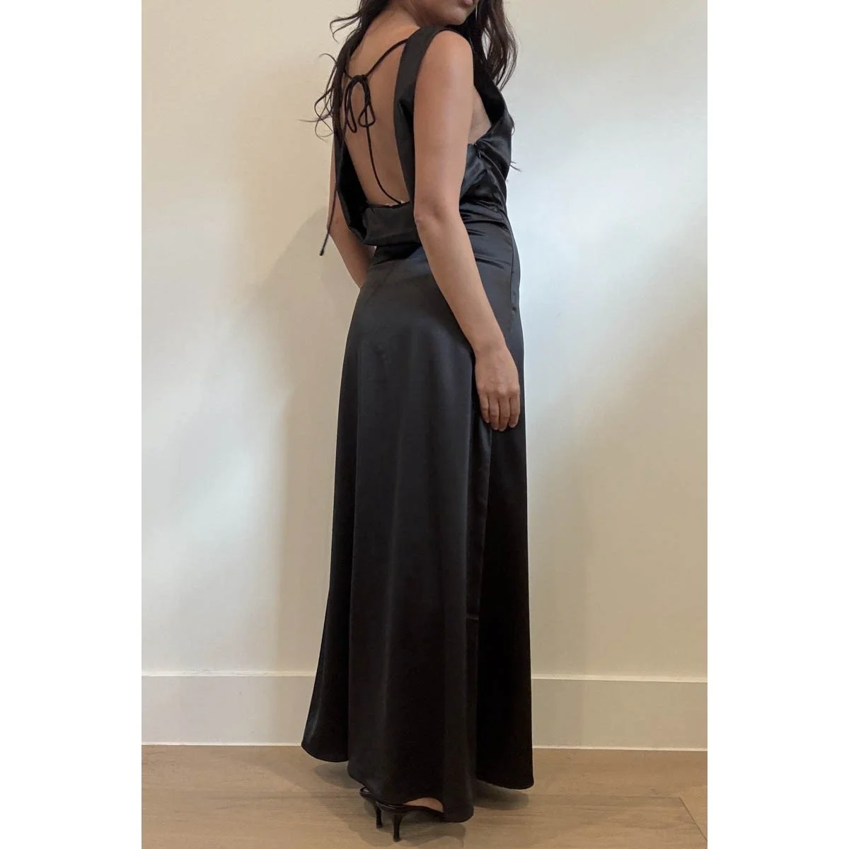 Cowl Neck Plunging Back Satin Dress Black