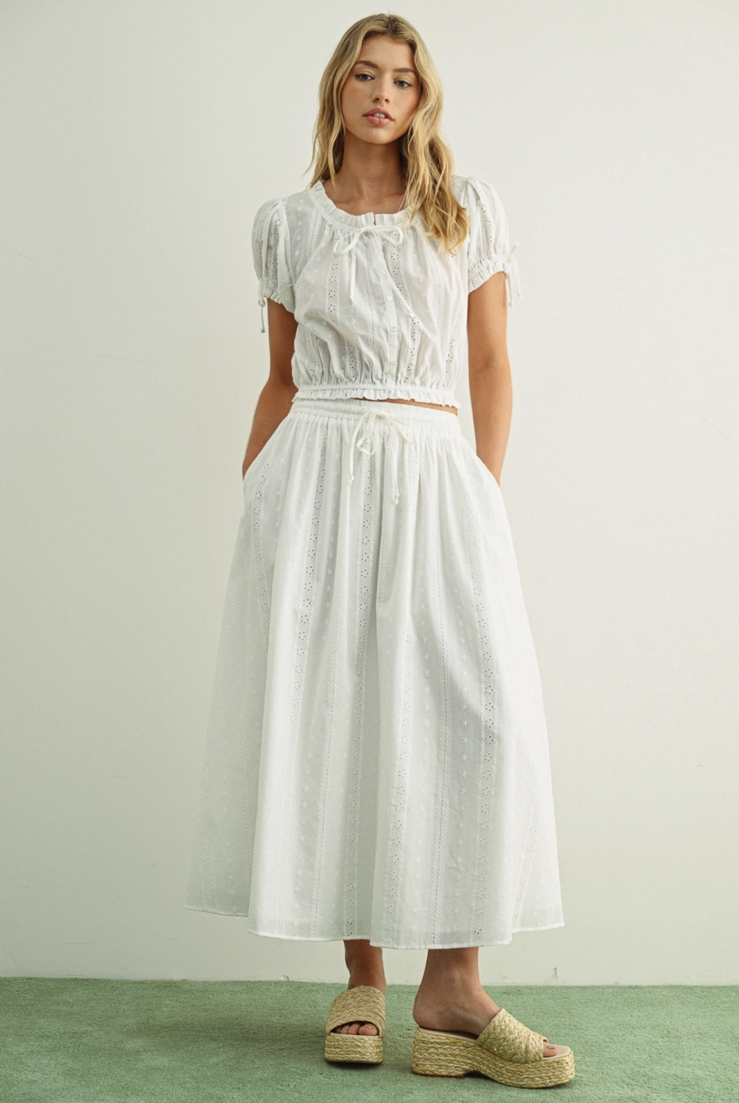 Embroidered Eyelet Peasant Top White