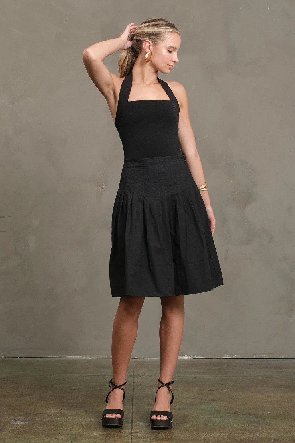 Structured Pleat Full Midi Skirt Black