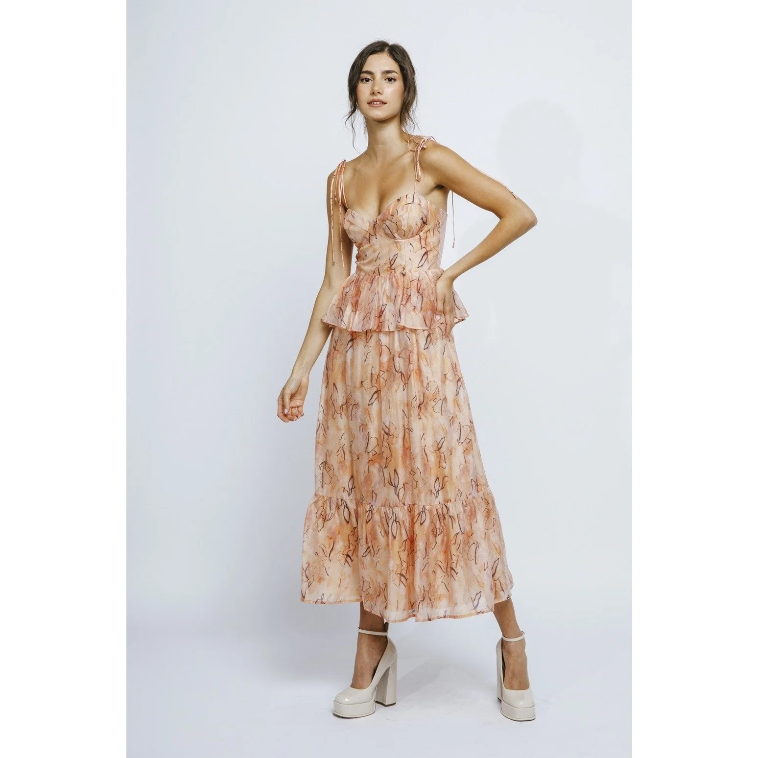 Abstract Floral Peplum Midi Dress Peach  Byron & Barclay