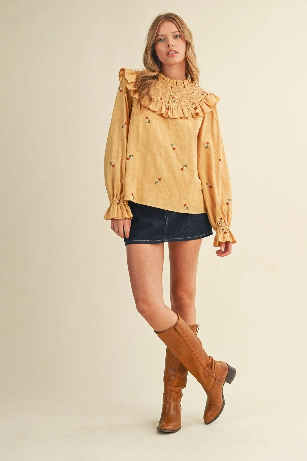 Ruffled Smocked Yoke Embroidered Blouse Mustard