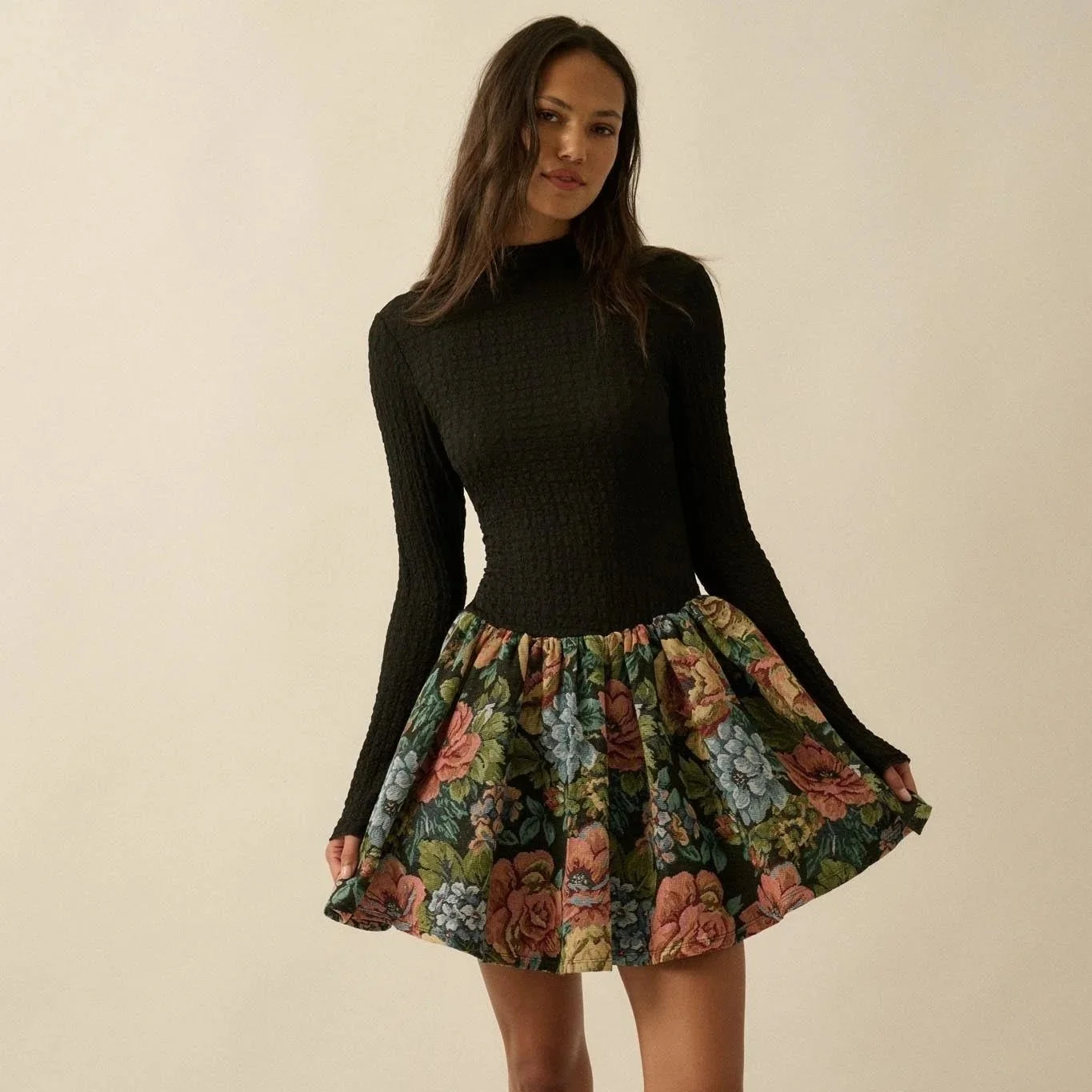 Textured Knit Bubble Mini Dress Tapestry Floral