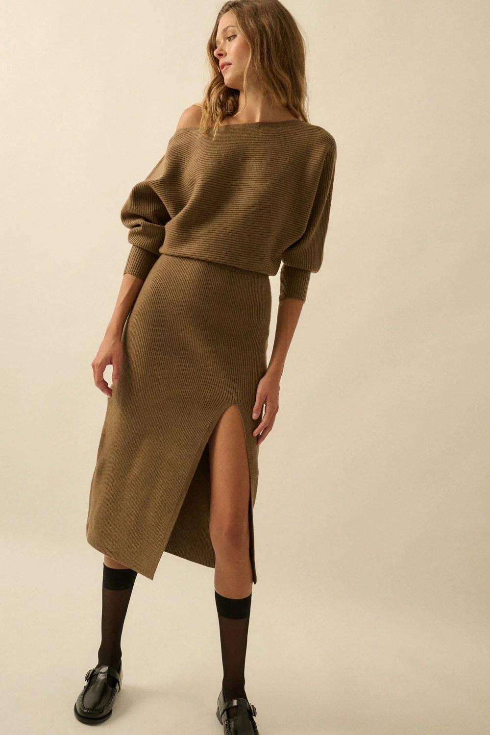 One Shoulder Rib Knit Dolman Sweater Dress Olive Brown