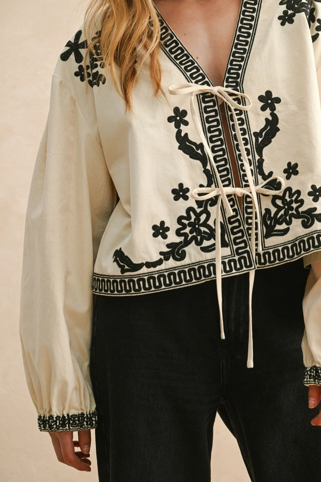 Floral Embroidered Tie Front Jacket Ecru
