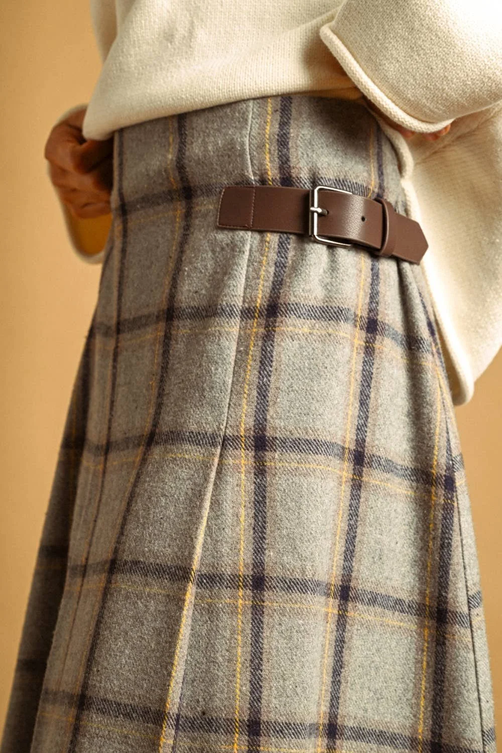 Pleated Midi Wrap Skirt Gray Multi Plaid