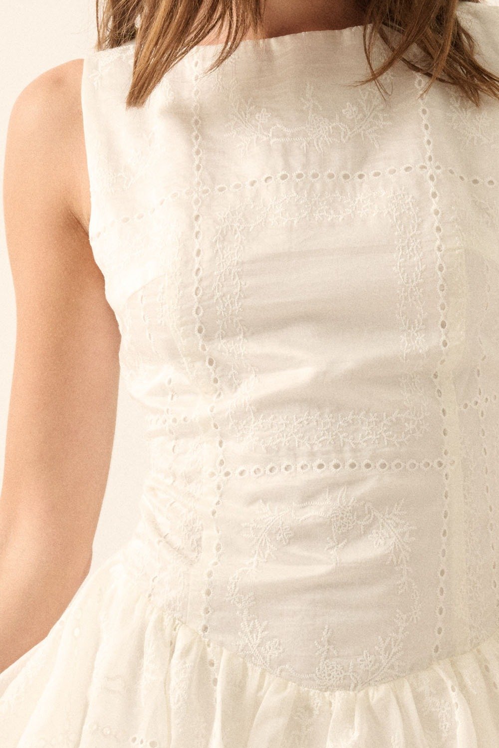 Vintage Lace Boatneck Drop Waist Bubble Mini Dress Ivory