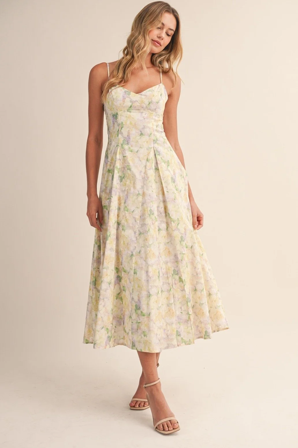 Sweetheart Pleated Midi Sundress Pastel Floral